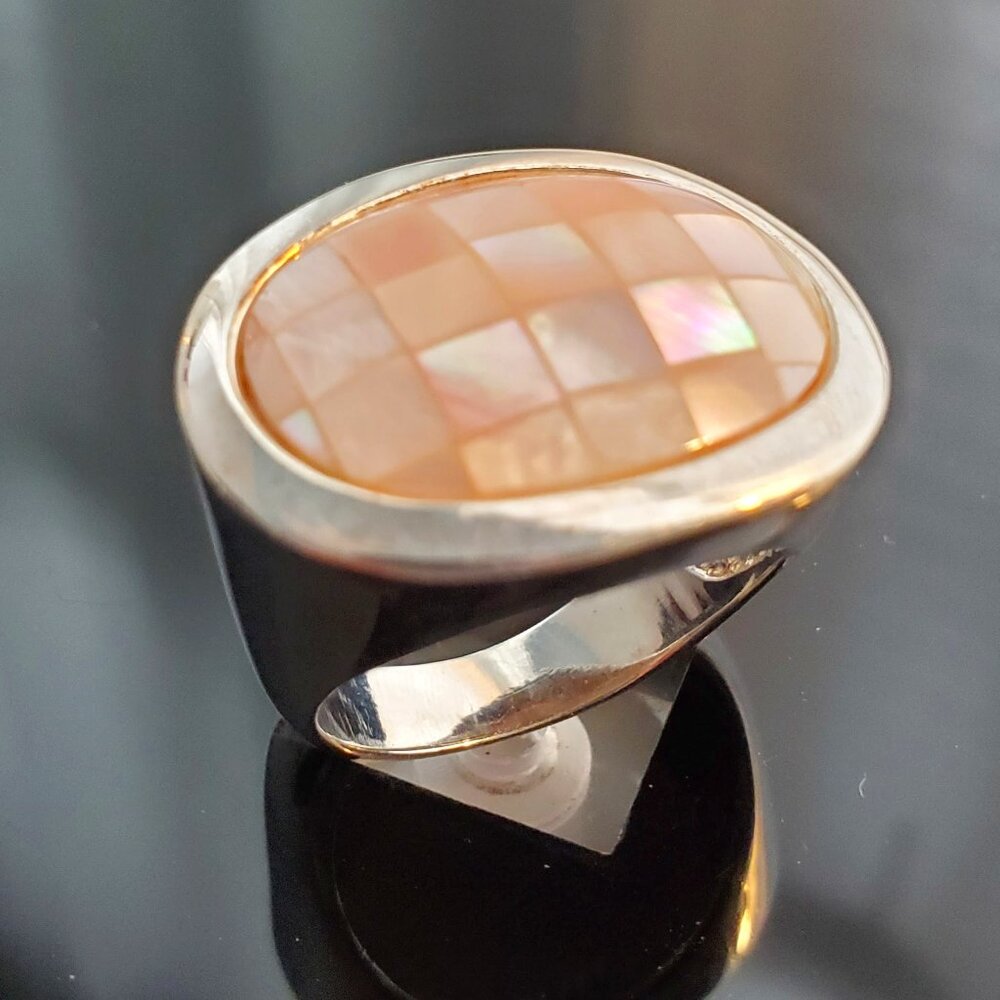 Pink mother of pearl mosaic ring in sterling silver, size 8